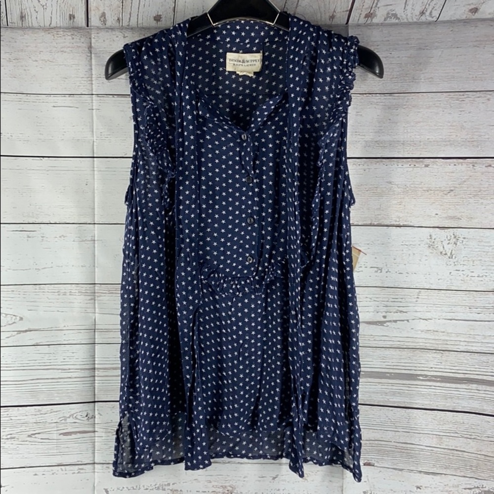 Ralph Lauren Navy Blue White Star Sleeveless Ruffle Top Size M